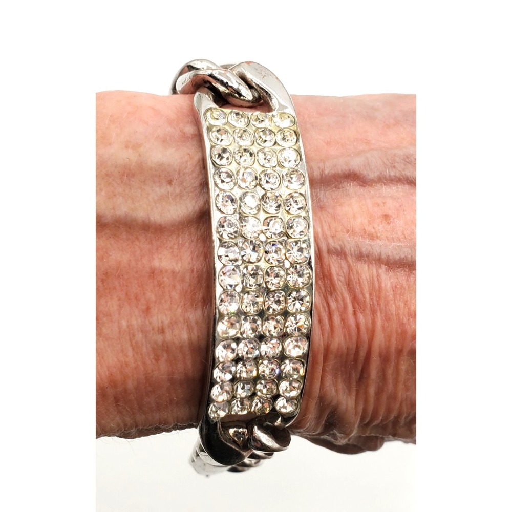 Vintage Rhinestone ID Bracelet Chunky Curb Chain Silver Tone 7"